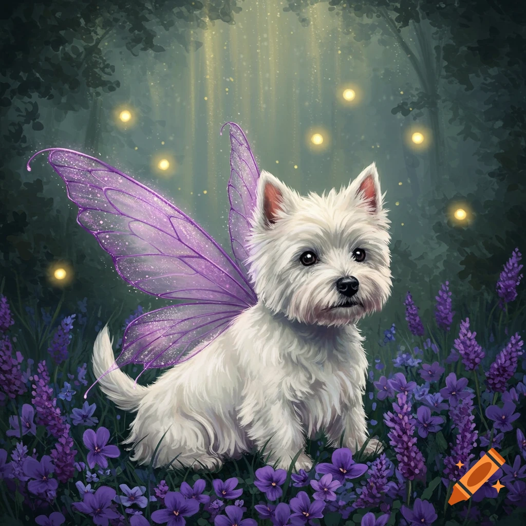 A cute white Westie dog with sparkling purple fairy wings sits in a field of purple flowers in a magical forest.