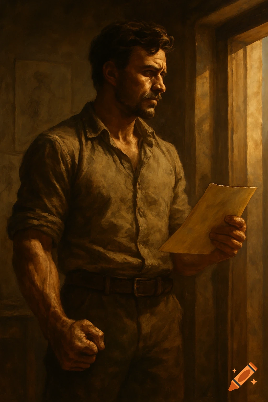 Chiaroscuro painting of a rugged man looking pensive, holding a blank paper and clenching a fist, with strong side lighting.