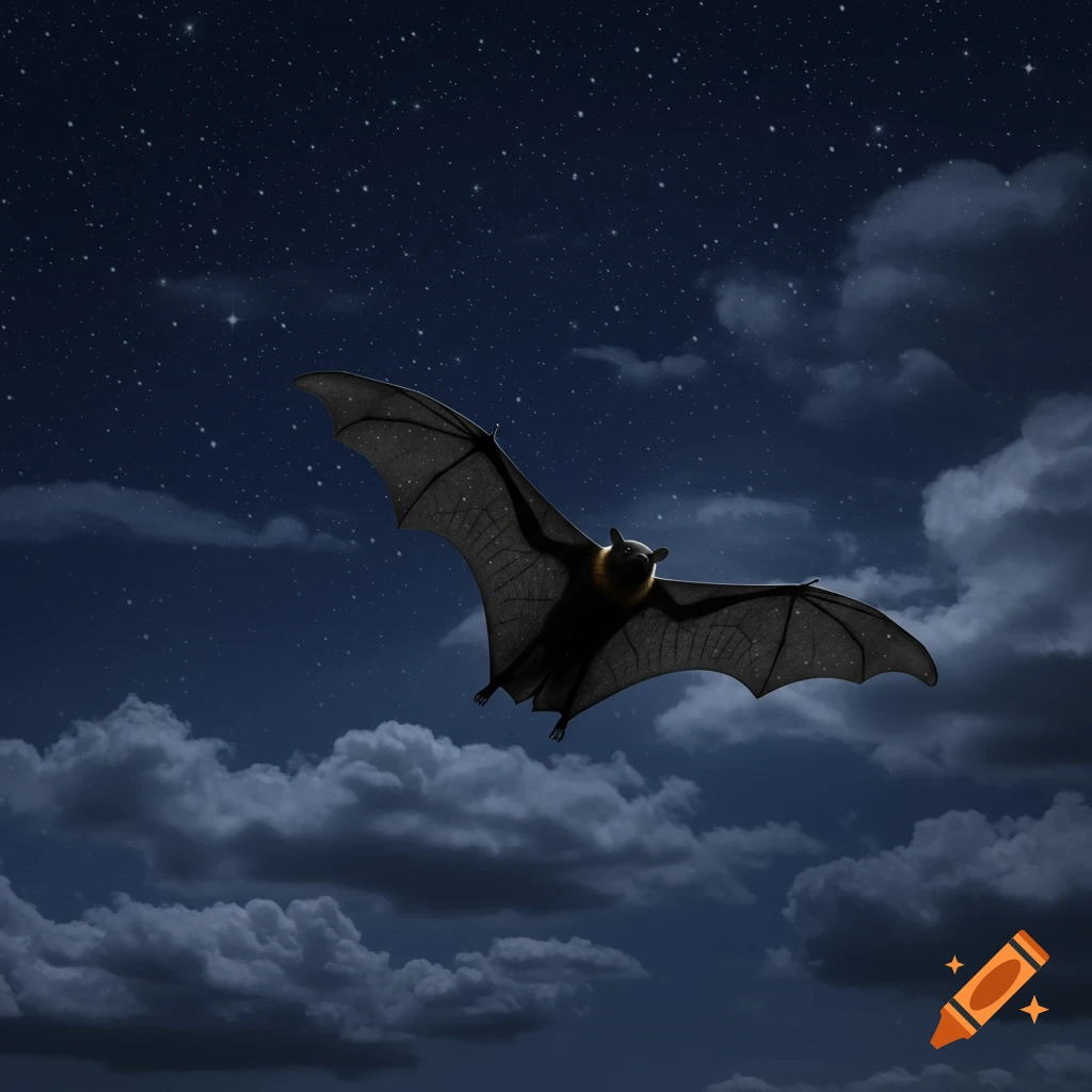A photorealistic bat with outstretched wings flies across a dark, starry night sky with clouds.