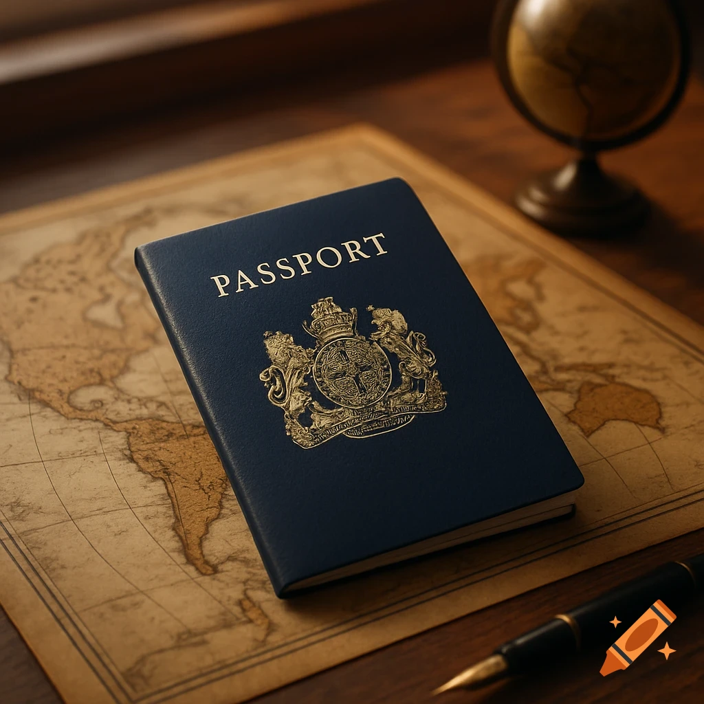 A dark blue passport with 'PASSPORT' and a gold emblem lies on a vintage map, next to a pen and a small globe.