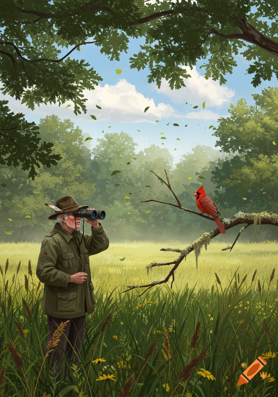 An elderly man birdwatching with binoculars in a grassy field. A red cardinal perches on a branch in a detailed illustration.