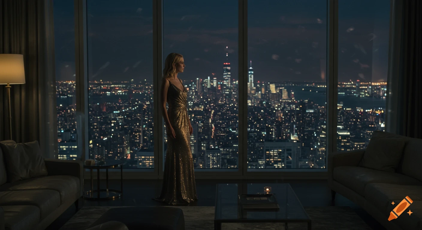 Elegant blonde woman in a gold dress stands by a large window in a luxury penthouse, looking at the New York City skyline at night.