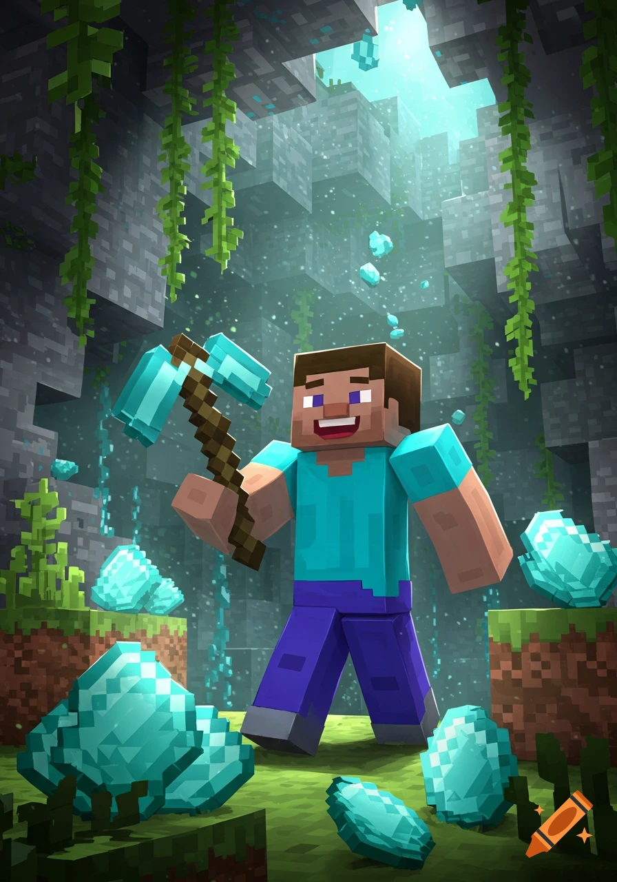 Minecraft character Steve smiles in a diamond-rich cave, holding a diamond pickaxe amidst glowing diamonds.