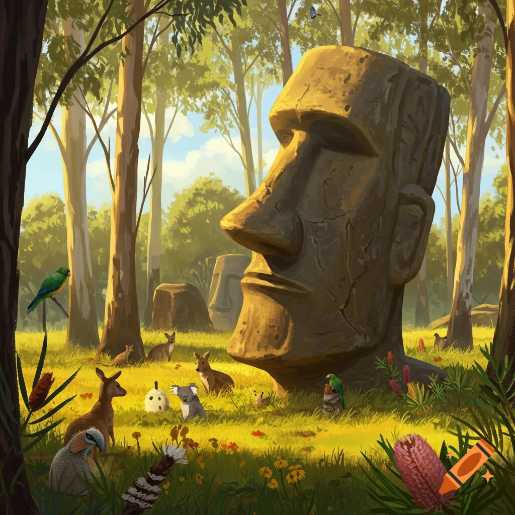 Moai heads stand among kangaroos, a koala, and colorful birds in an Australian forest, stylized art.