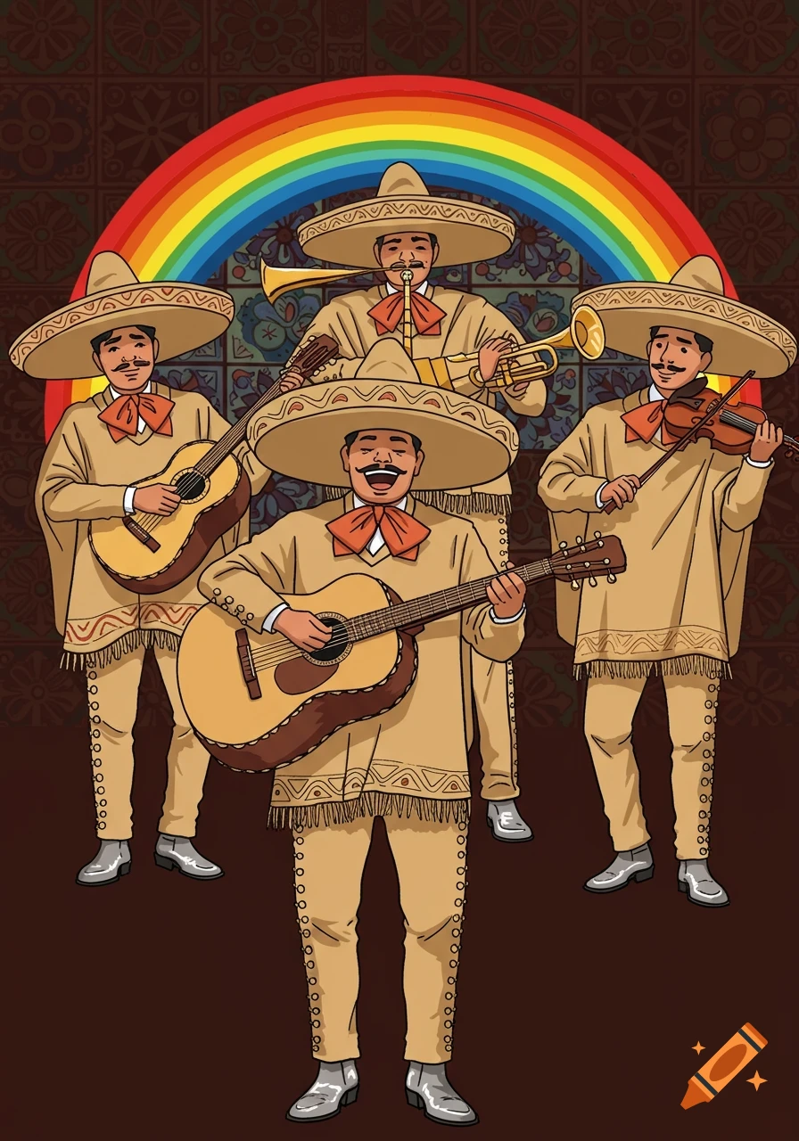 Five cartoon mariachis in beige ponchos and sombreros play guitars, trumpet, and violin under a rainbow.