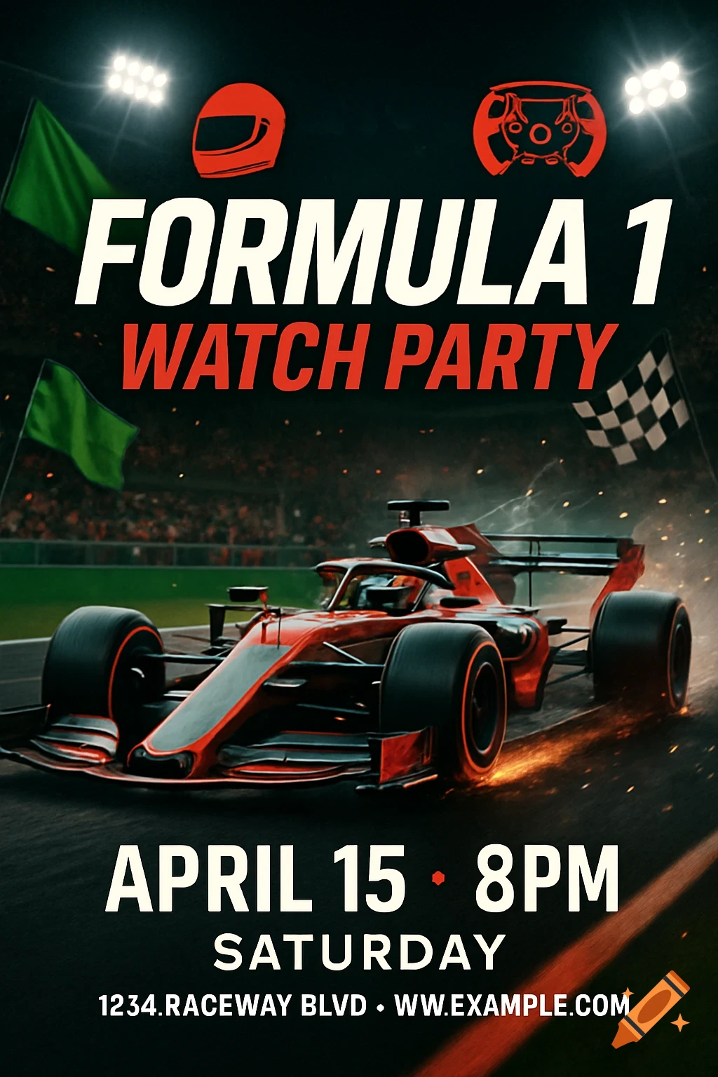 A Formula 1 watch party event flyer with a red F1 car, green and checkered flags, and event details.