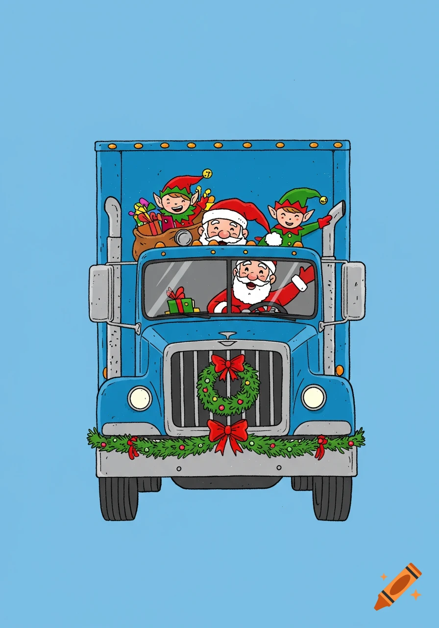 Cartoon illustration of Santa driving a blue semi-truck with elves and gifts, decorated for Christmas.