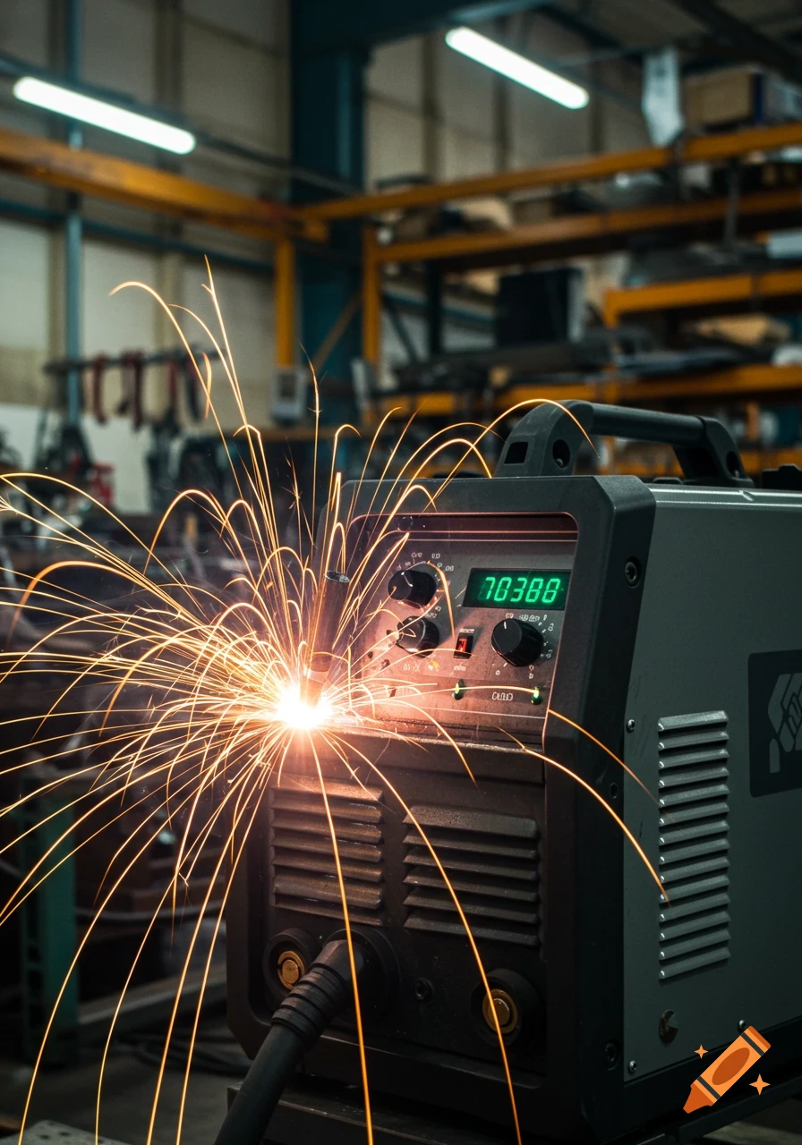 Close-up of a welding machine creating bright sparks in an industrial workshop.