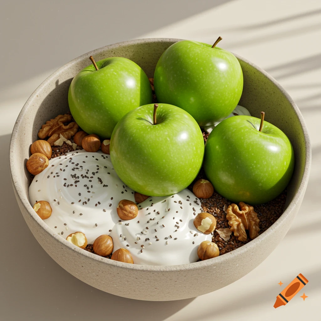 A close-up of a bowl filled with four green apples, white yogurt with chia seeds, hazelnuts, and walnuts, under soft light.