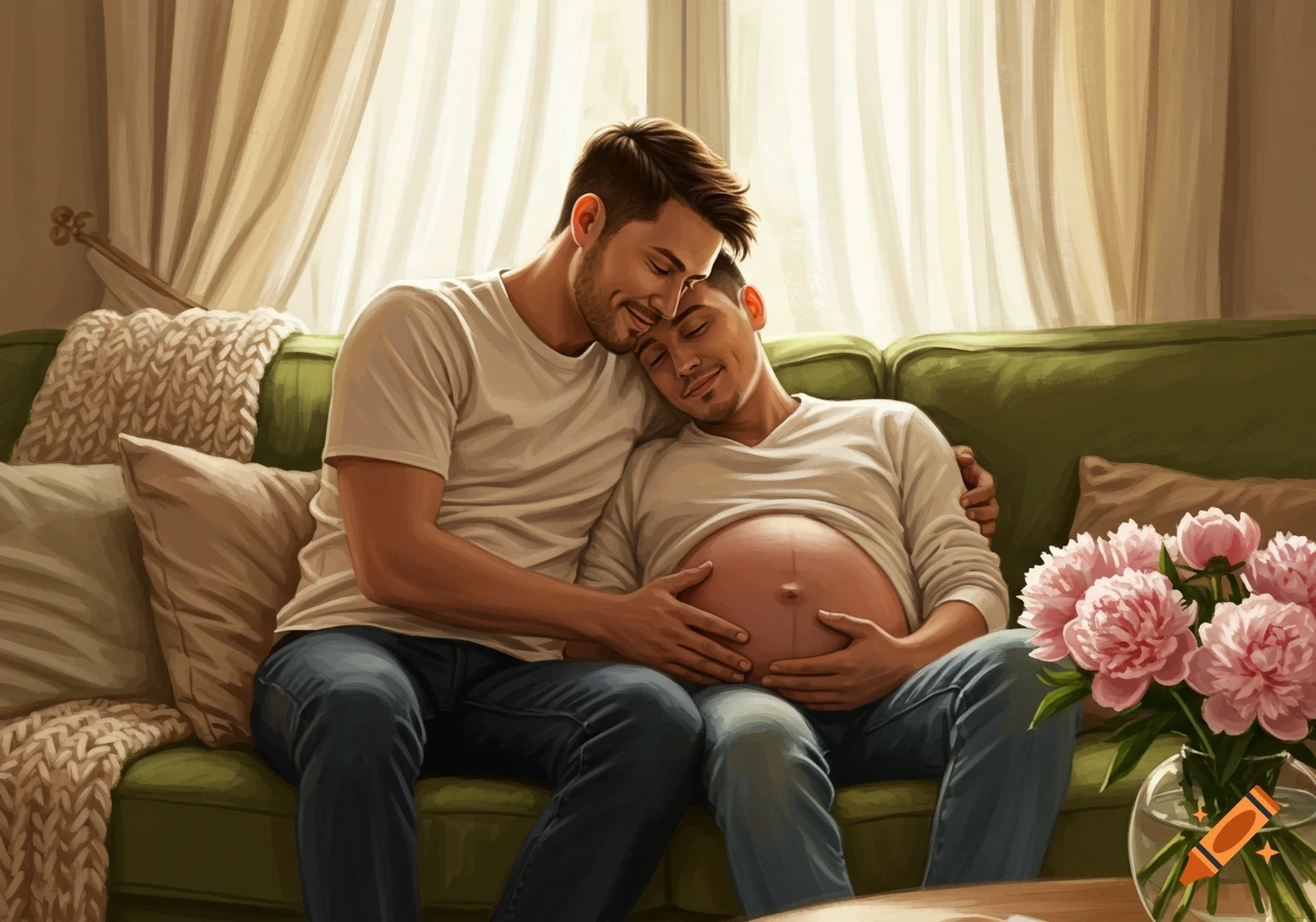 A cozy digital painting of a gay couple on a green couch, one man resting his head on his partner's shoulder as the partner gently rubs his pregnant belly.