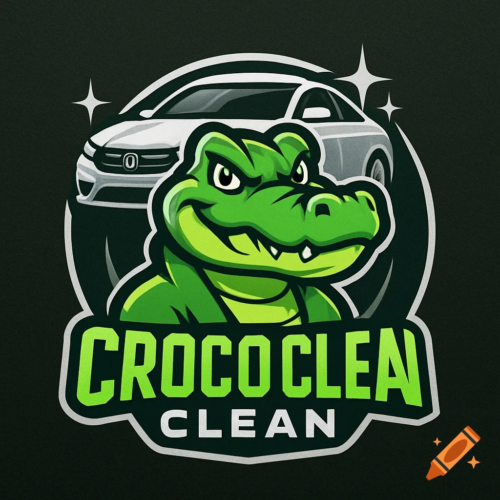 Logo for Croco Clean car wash featuring a cartoon green crocodile mascot and a shiny white car.