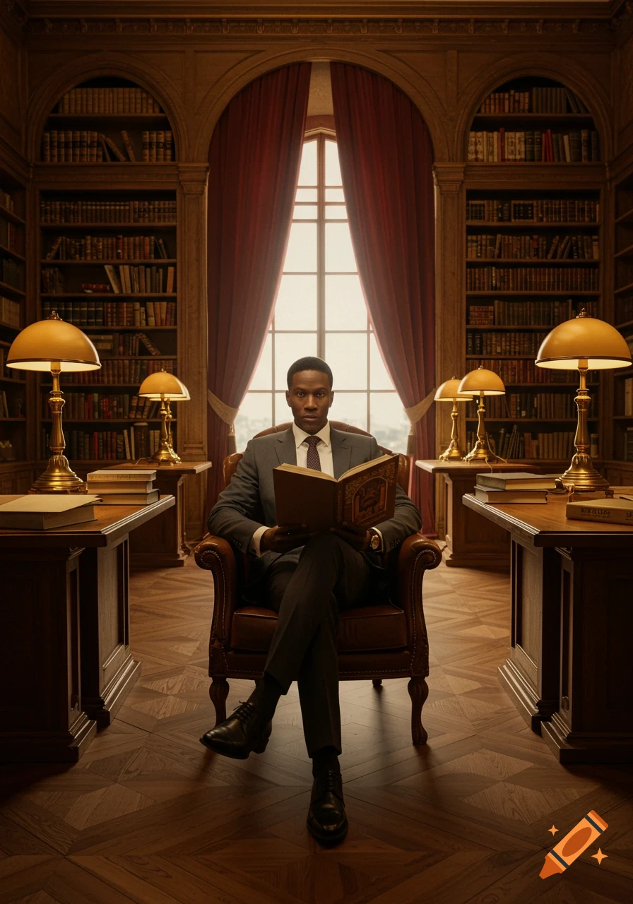 A photorealistic image of a well-dressed man reading an ornate book in a grand, wood-paneled library with large windows.