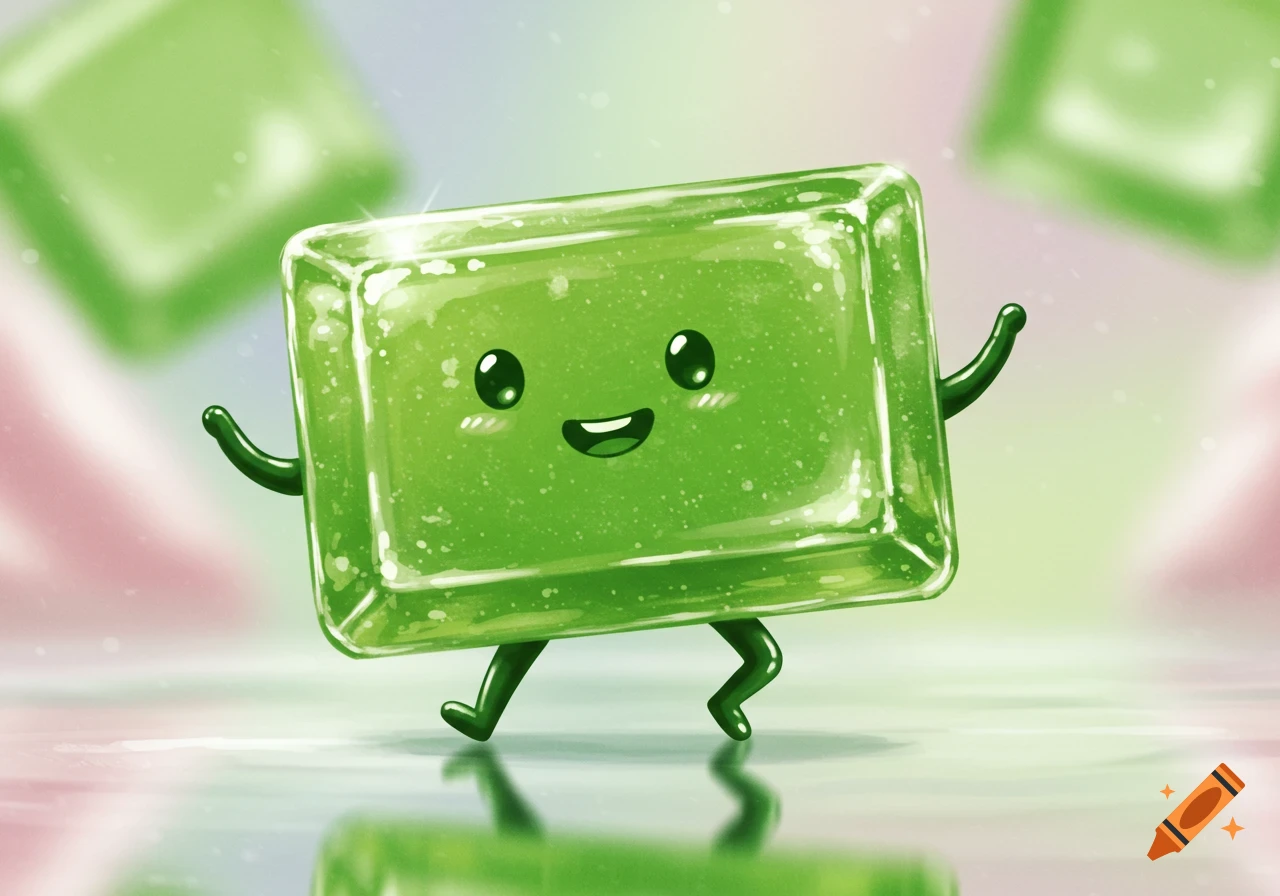 A cute, shiny green rectangular candy with a happy face, arms, and legs, walking.
