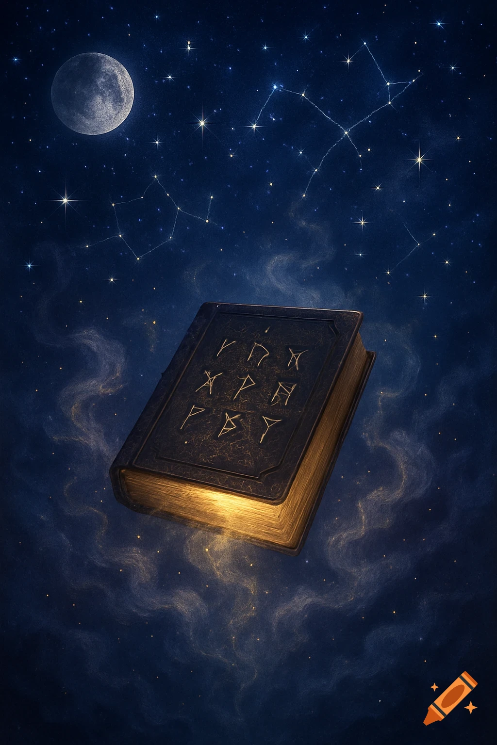 An ancient, glowing book with cryptic runes floats amidst stars, constellations, and a moon in a dark, ethereal night sky.