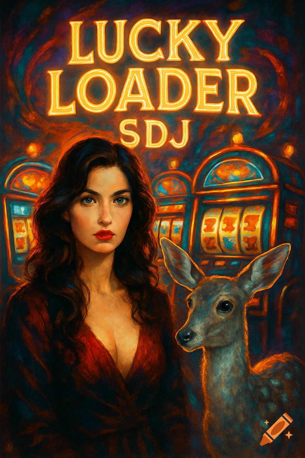 A digital painting of a woman with a deer in front of glowing slot machines, under the text 'LUCKY LOADER SDJ'.