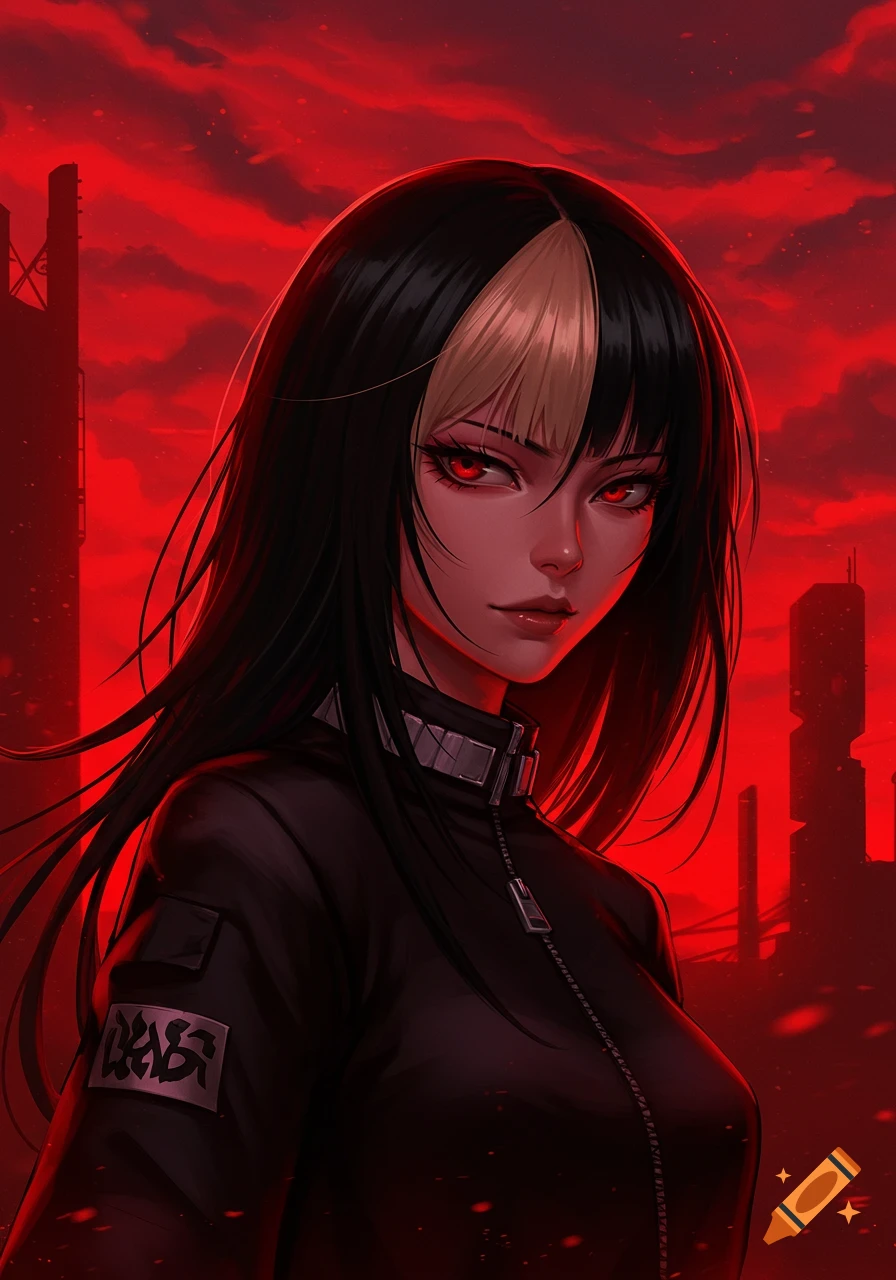 Anime portrait of a girl with black hair, blonde bangs, red glowing eyes, and a black jacket against a red sky with city silhouettes.