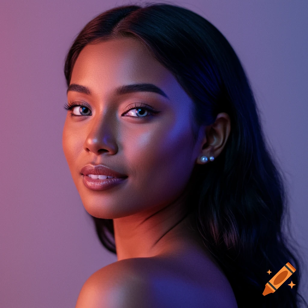 Photorealistic portrait of a woman with dark hair and blue eyes, illuminated by red and blue light, wearing pearl earrings.