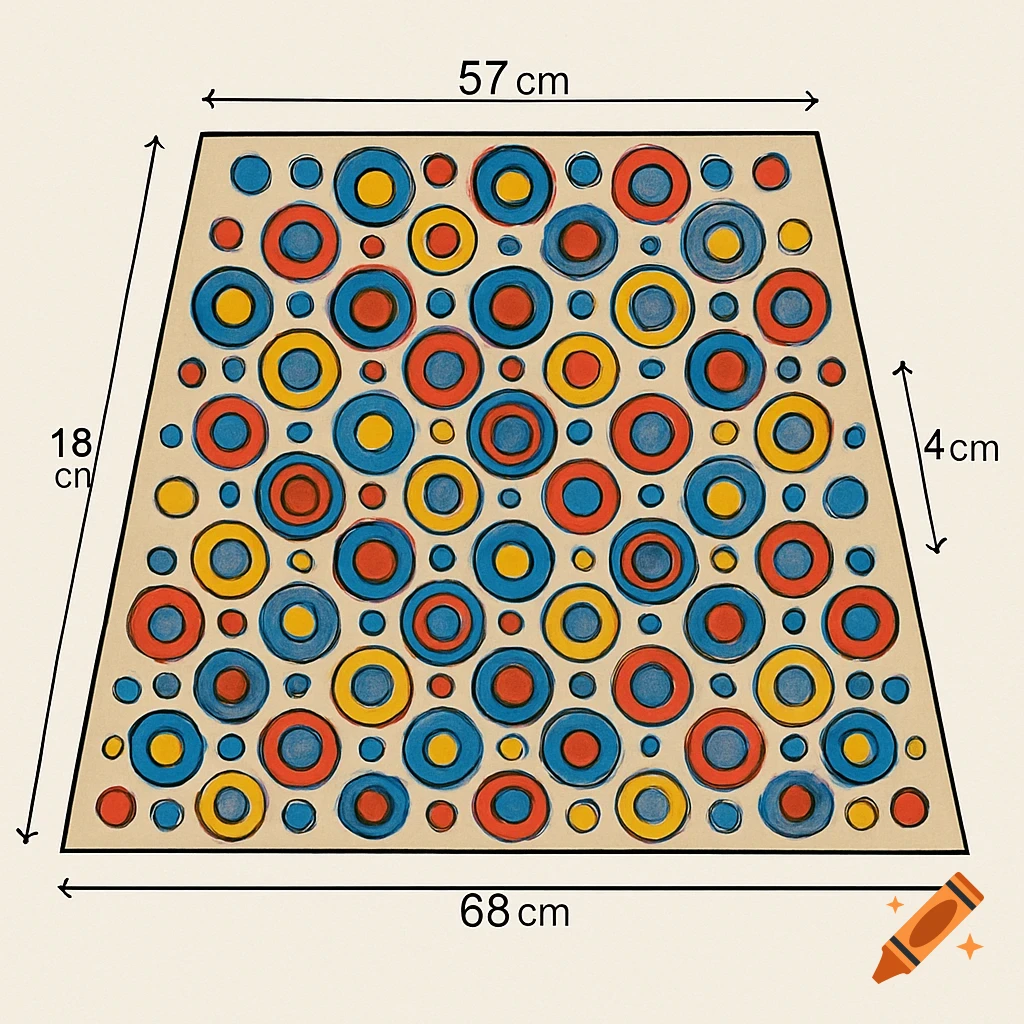 A diagram of a trapezoid filled with a repeating pattern of red, blue, and yellow concentric circles. Dimensions are labeled with arrows: 57 cm (top), 68 cm (bottom), 18 cm (left height), and 4 cm (right side offset).