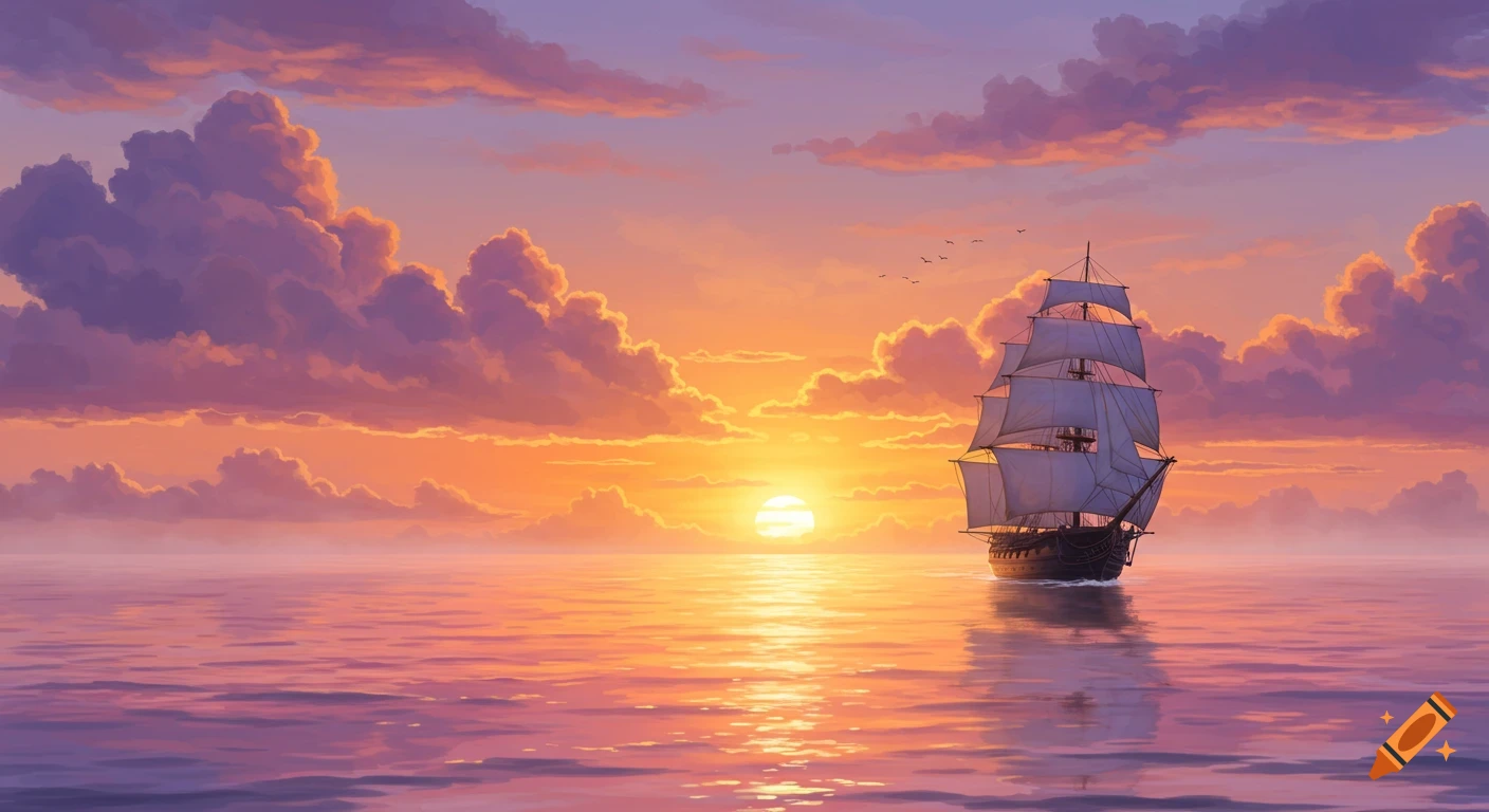 Digital painting of a sailing ship at sunset on a calm ocean with vibrant orange and purple clouds.