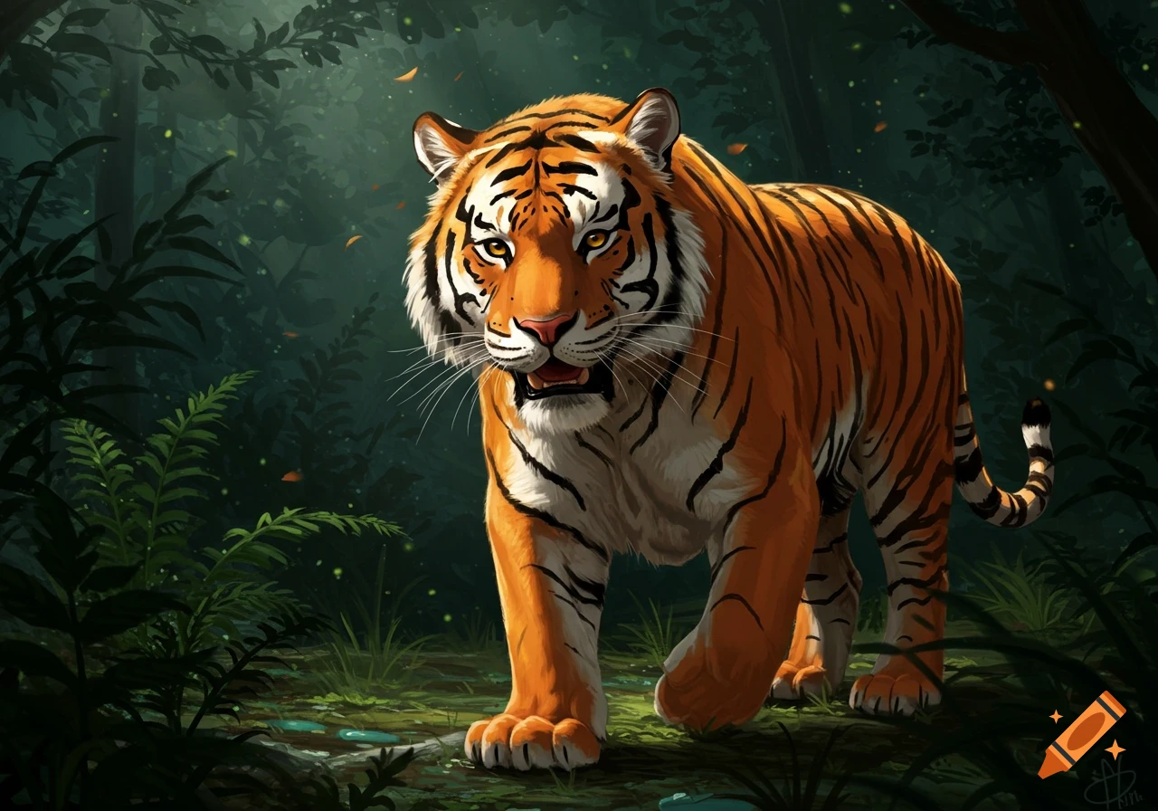 A vibrant orange and black striped tiger with bright eyes walks through a dark, lush green forest.