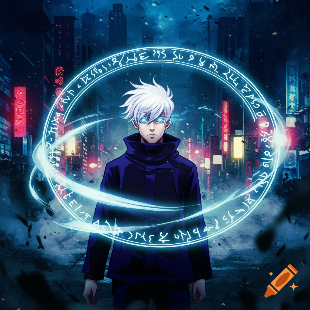 Anime character Gojo Satoru with white hair and glowing blue eyes, surrounded by a magical blue circle in a dark city street.