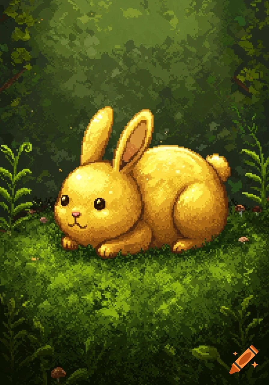 A golden pixel art bunny with large ears lies on soft moss in a dark forest setting.