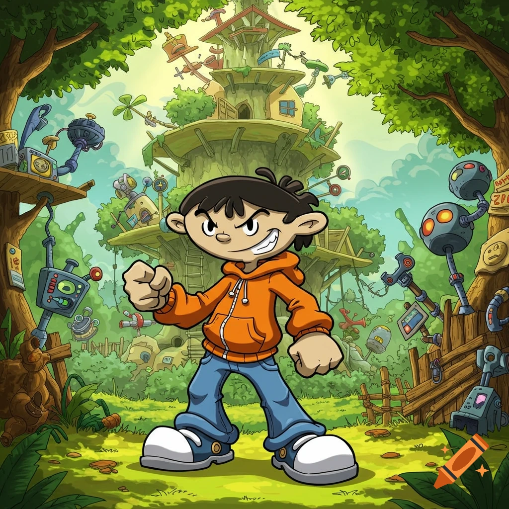 Cartoon of Numbuh Four from Kids Next Door, a boy in an orange hoodie, blue jeans, and white shoes, standing in front of a treehouse.