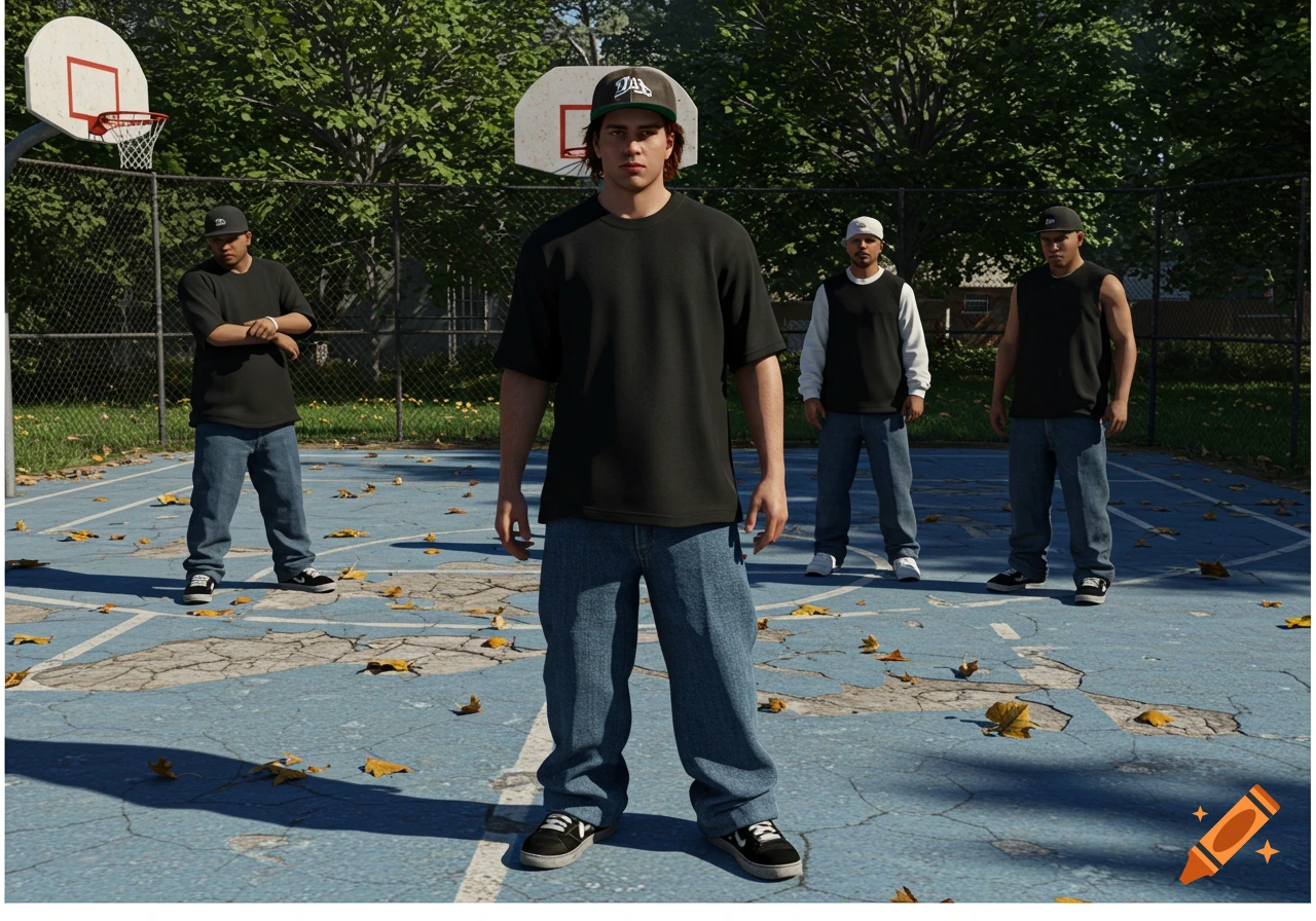 Four young men in 90s-style streetwear stand on a worn blue basketball court under a sunny sky, surrounded by trees.