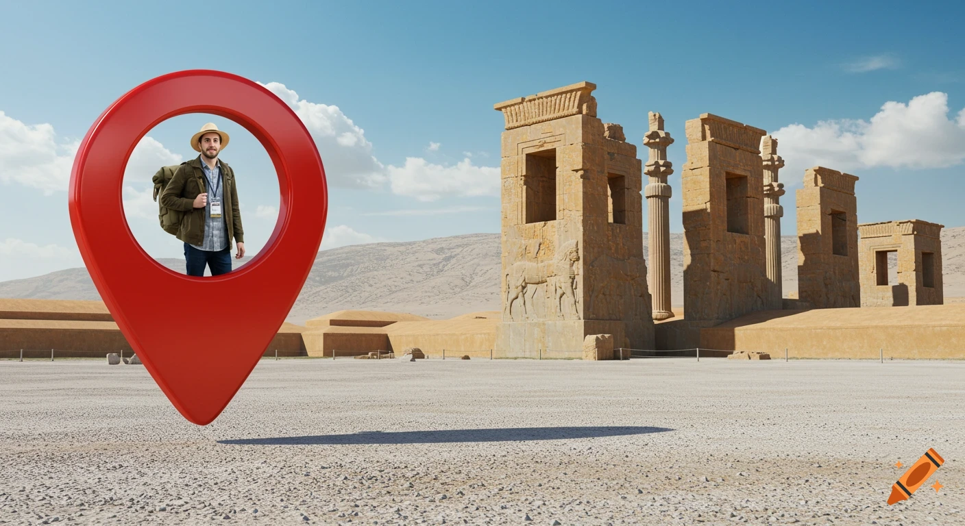 A male tour guide steps out of a red map pin, appearing to enter the ancient ruins of Persepolis under a clear sky.