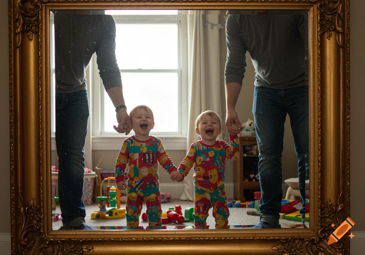 Two toddlers in colorful pajamas laugh while holding hands, reflected in an ornate gold mirror with an adult's legs visible.