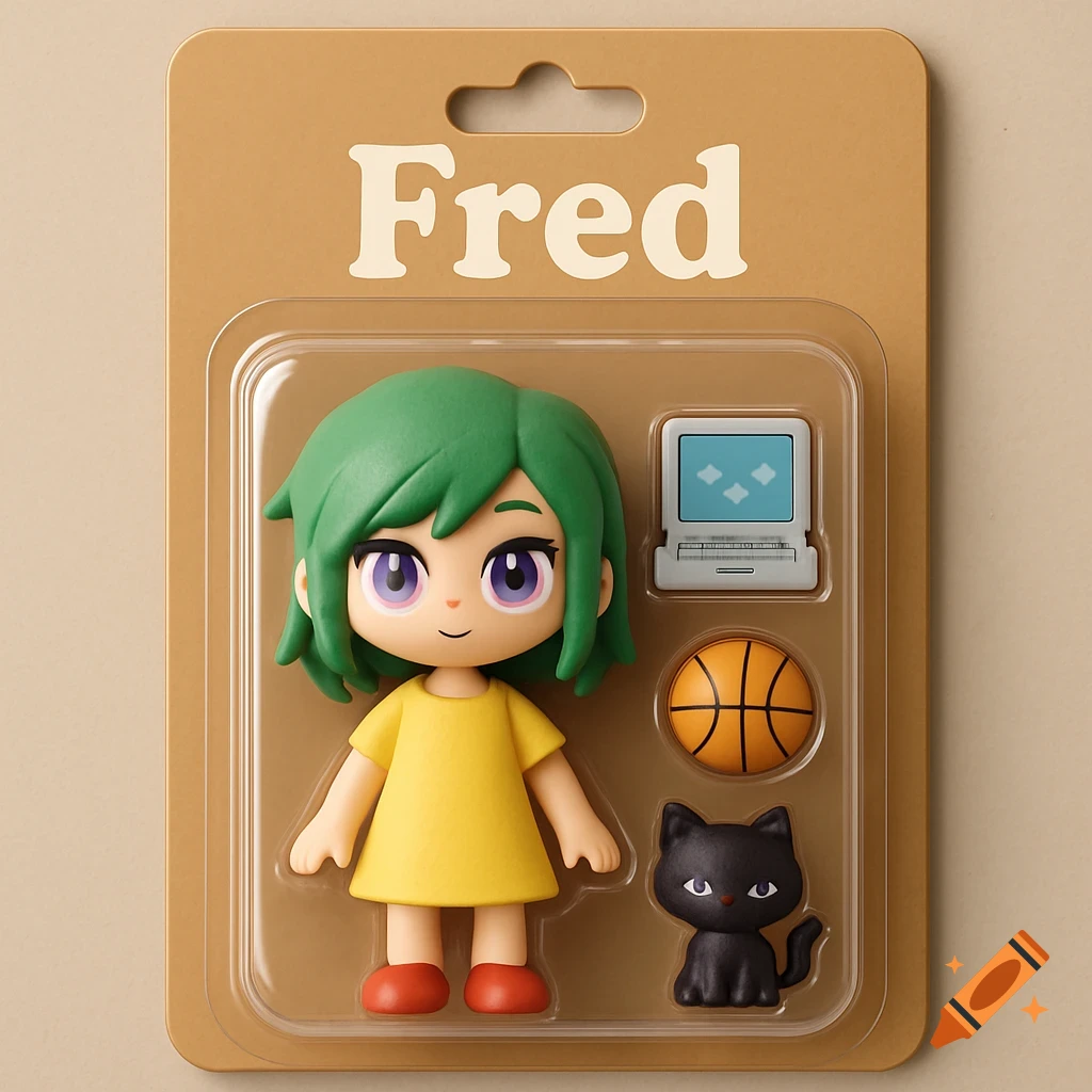 A green-haired toy doll in a yellow dress with a laptop, basketball, and black cat, packaged on cardboard labeled 'Fred'.