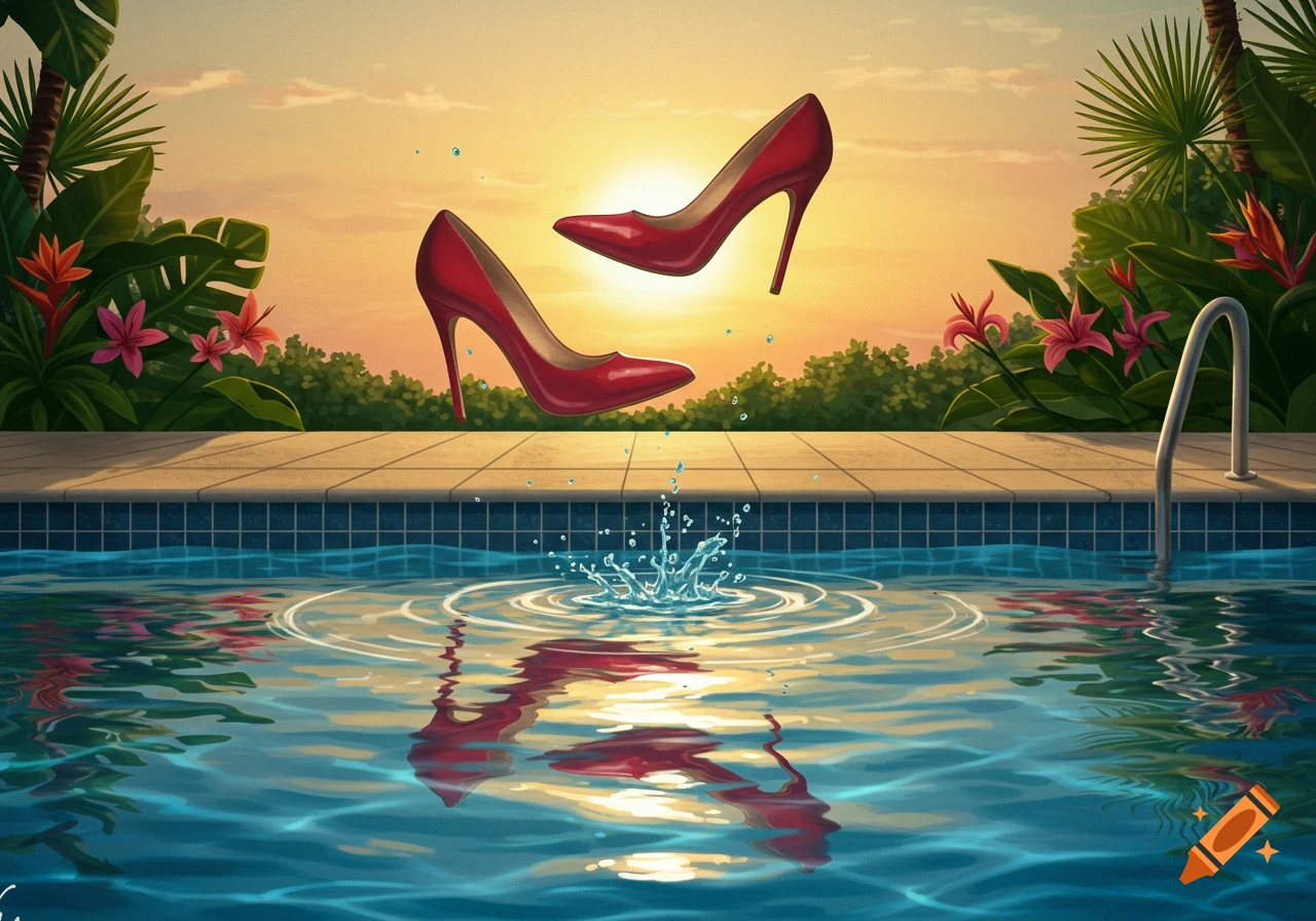 Two red high heels falling into a swimming pool at sunset with tropical foliage, illustration.