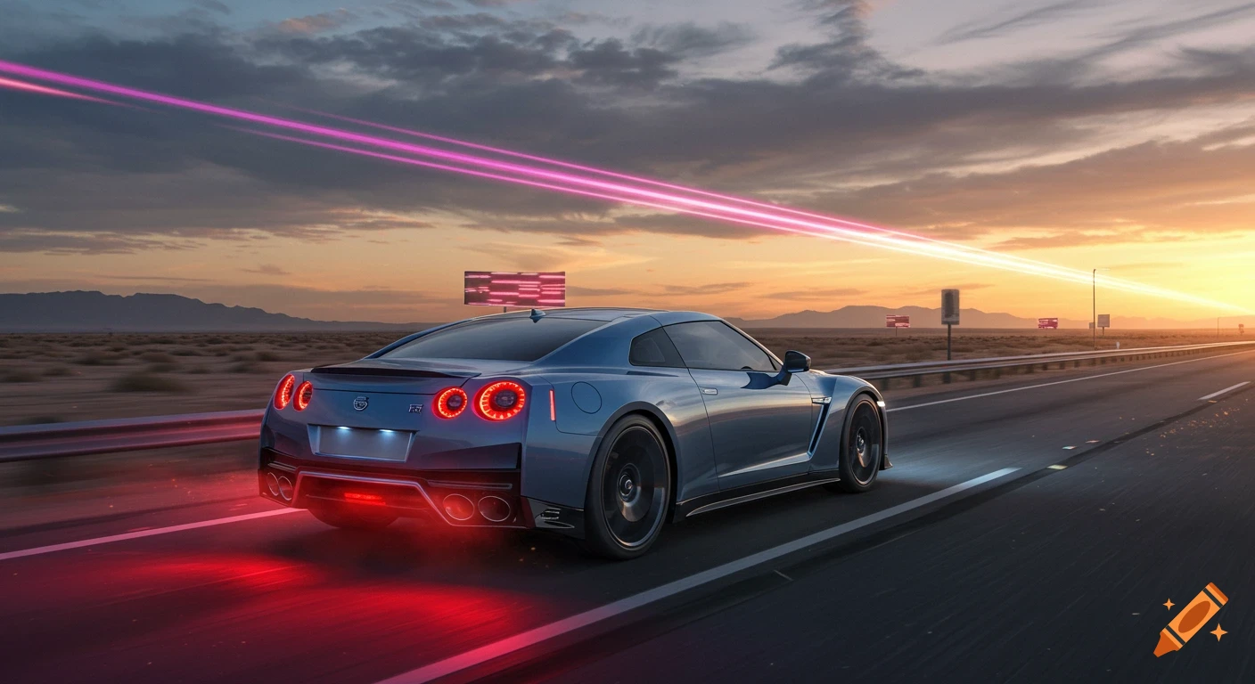 A blue Nissan GT-R speeds down a desert highway at sunset, leaving pink and red light trails.