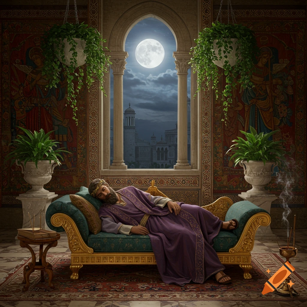 A king in purple robes sleeps on an ornate gold and teal chaise lounge in a lavish room, with a full moon visible through an arched window.