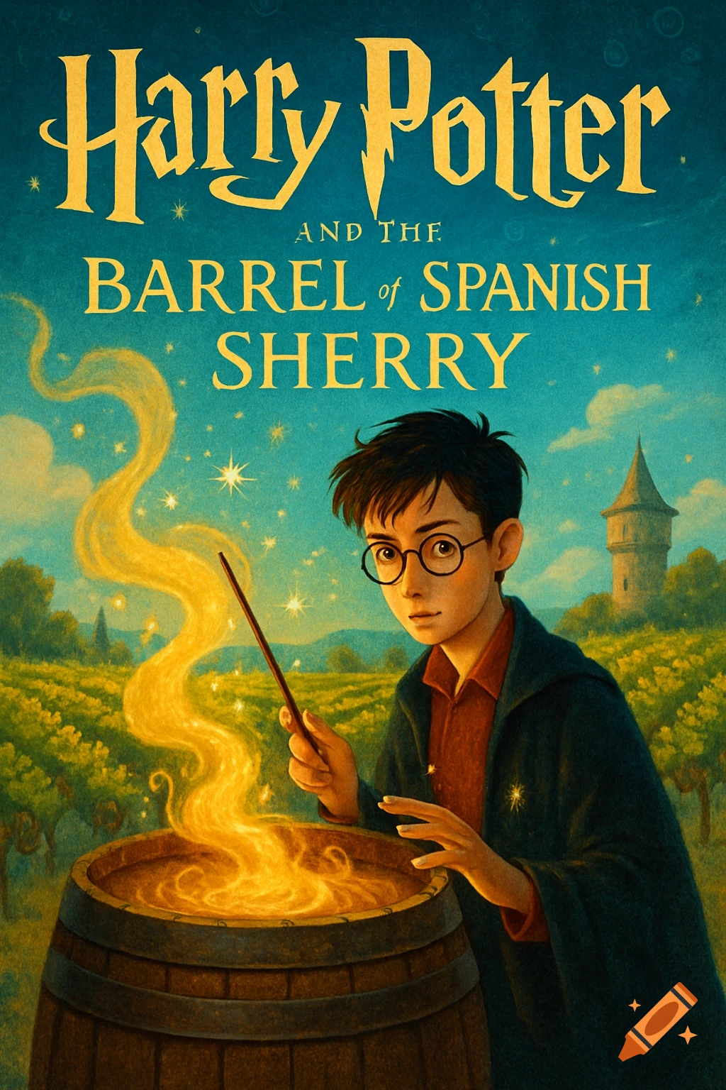 Book cover: Harry Potter-like wizard casting a spell into a barrel. Title: Harry Potter and the Barrel of Spanish Sherry.
