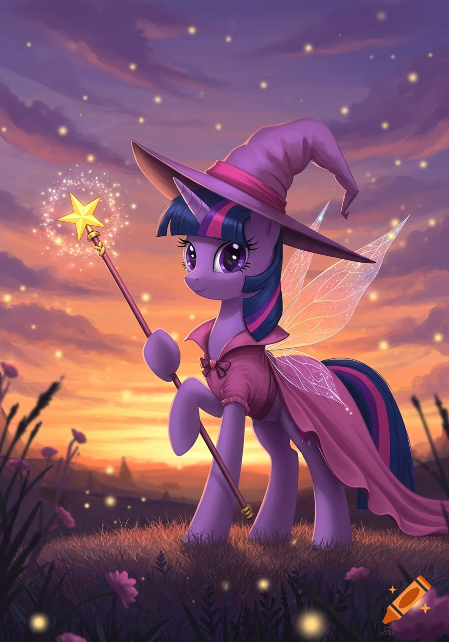 Purple pony Twilight Sparkle with fairy wings, pink witch hat, and dress, holding a sparkling star wand in a field at sunset.