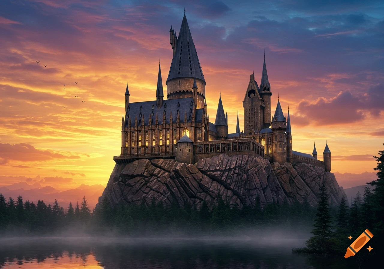 Hogwarts castle on a rocky cliff overlooking a misty lake at sunset, with birds flying in the colorful sky.
