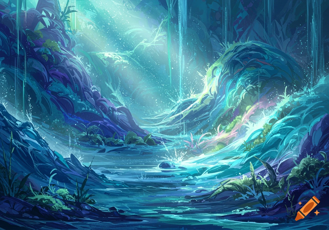 Vibrant, glowing blue and green fantasy waterfall landscape with lush foliage and a sparkling stream, digital painting.