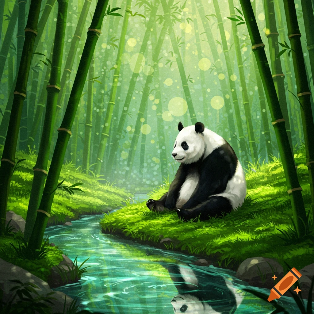 A stylized panda sits beside a tranquil river in a vibrant, sunlit bamboo forest, its reflection visible in the water.