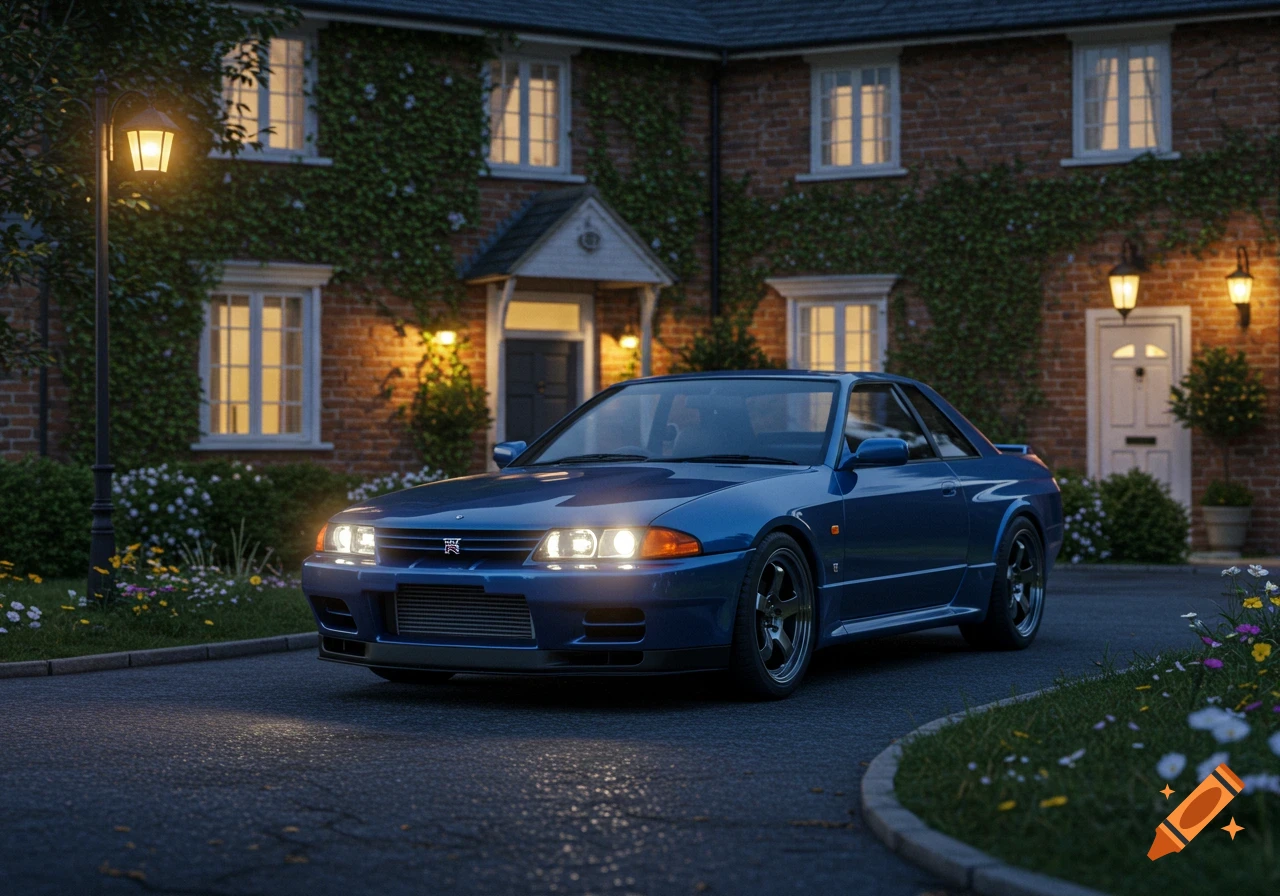 Blue Nissan Skyline GT-R parked on a driveway in front of a brick house at dusk with glowing lights, photorealistic.