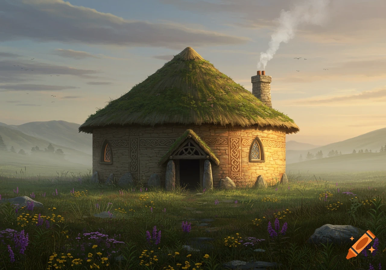 A detailed fantasy illustration of a Celtic roundhouse with a thatched roof in a misty, flower-filled green landscape at sunrise.