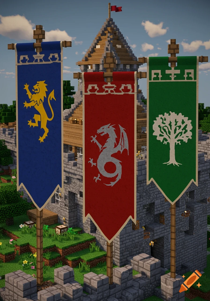 Three banners depicting a yellow lion, a silver dragon, and a white tree hang on poles in front of a Minecraft-style castle.