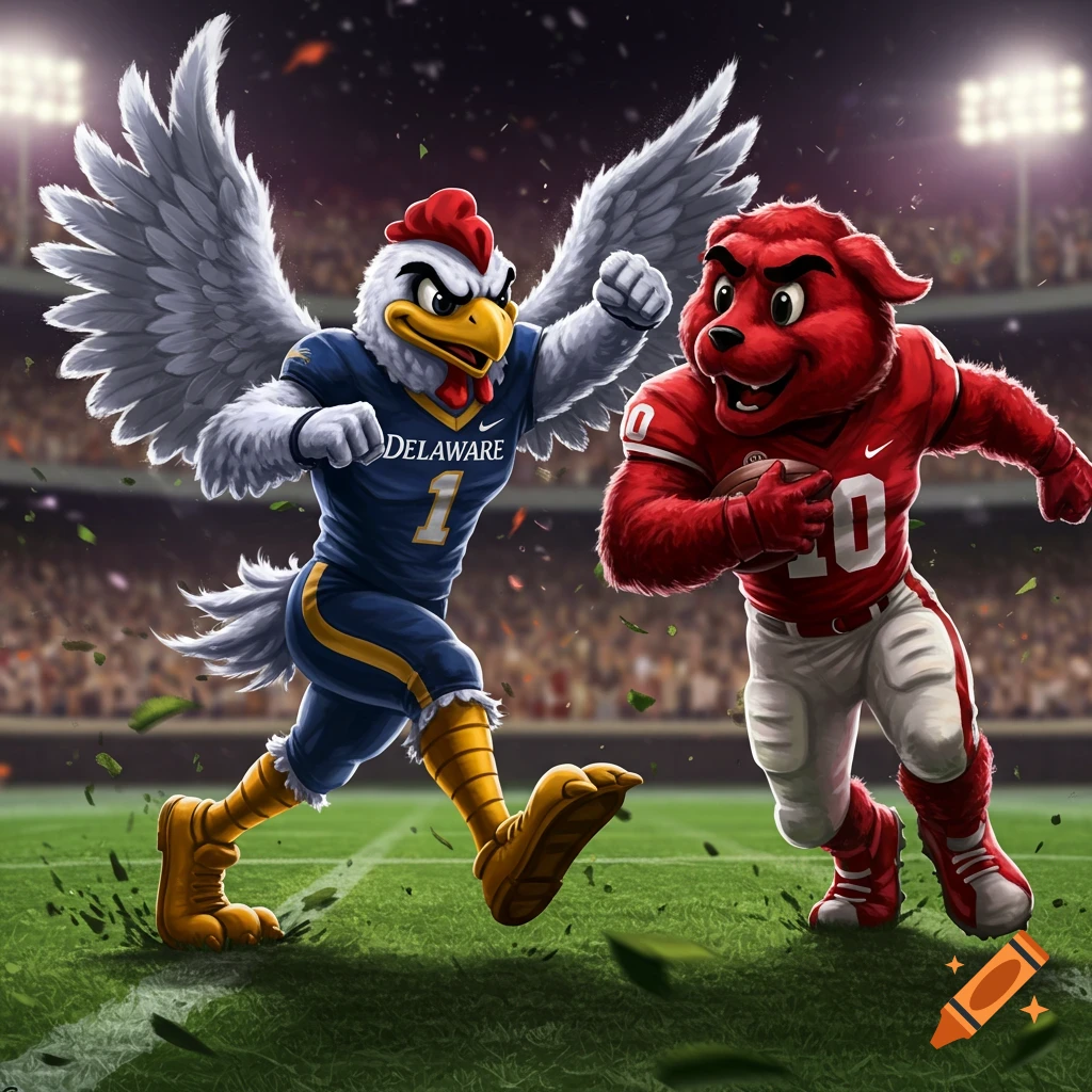 Cartoon mascots play football in a stadium. A blue hen in a Delaware uniform with number 1 stiff-arms a red dog mascot with number 10.