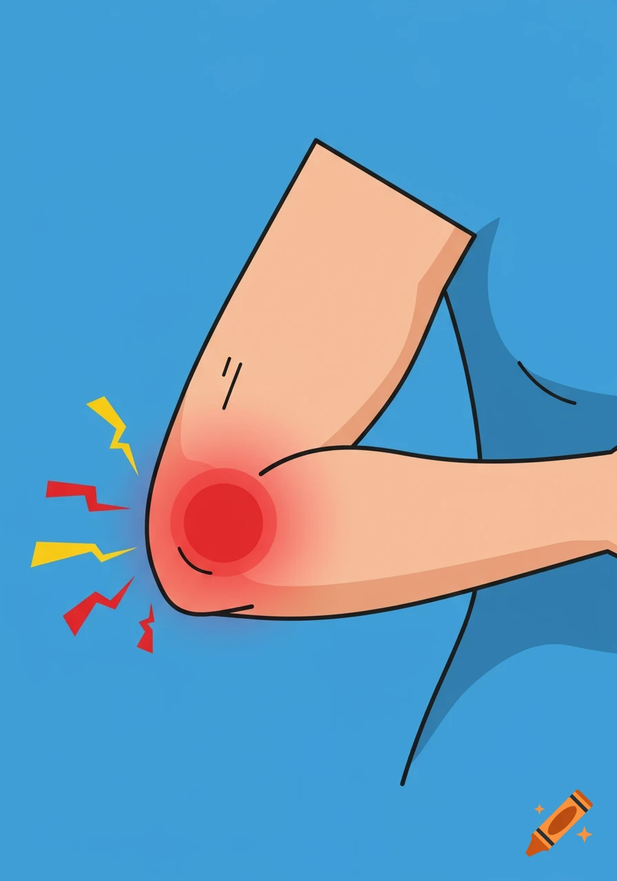 Cartoon illustration of a human arm bent at the elbow with a red area and lightning bolts indicating pain.