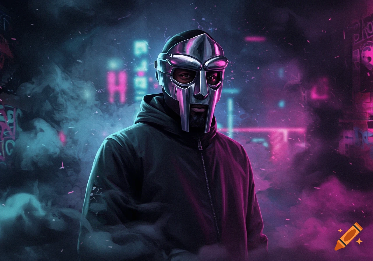 Stylized portrait of a masked figure resembling MF DOOM in a hoodie, amidst smoky blue and pink neon urban lights.