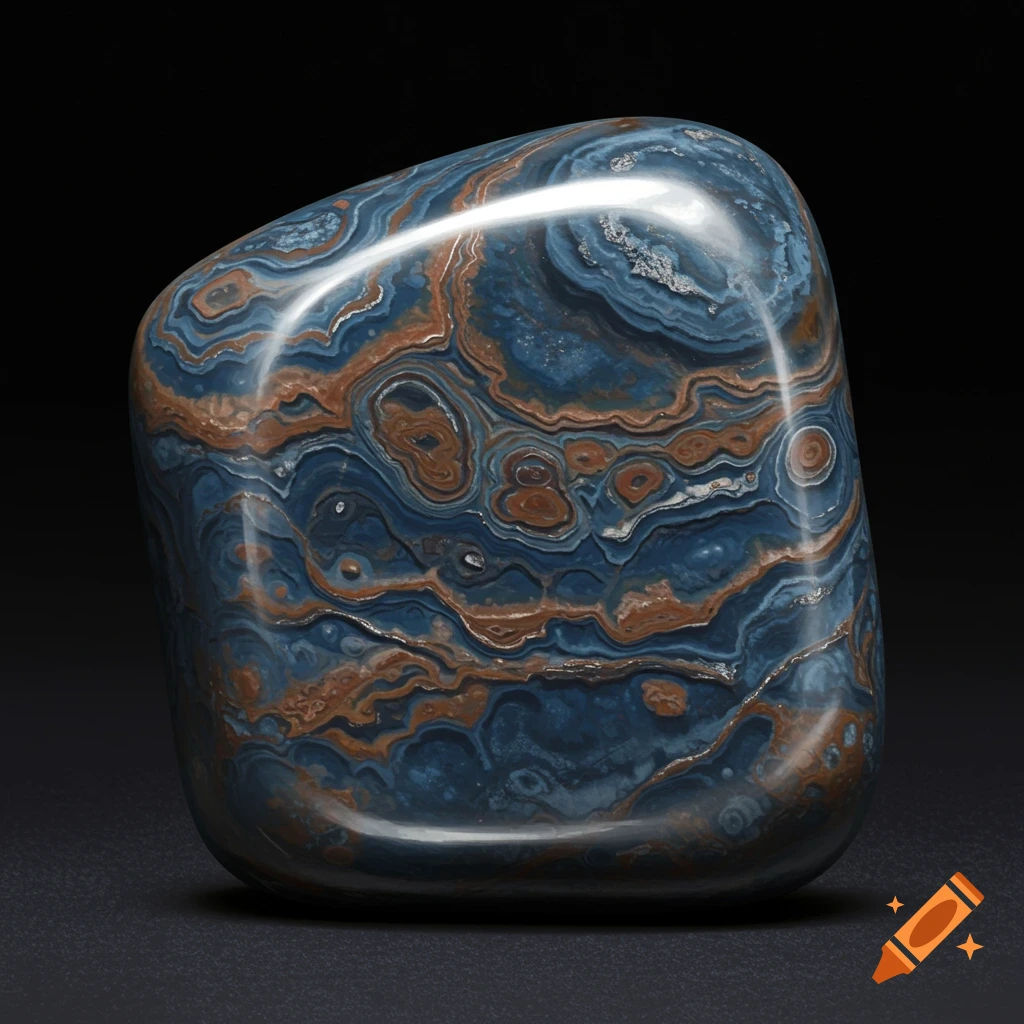 A close-up of a polished stone with blue, brown, and white swirling patterns against a dark background.