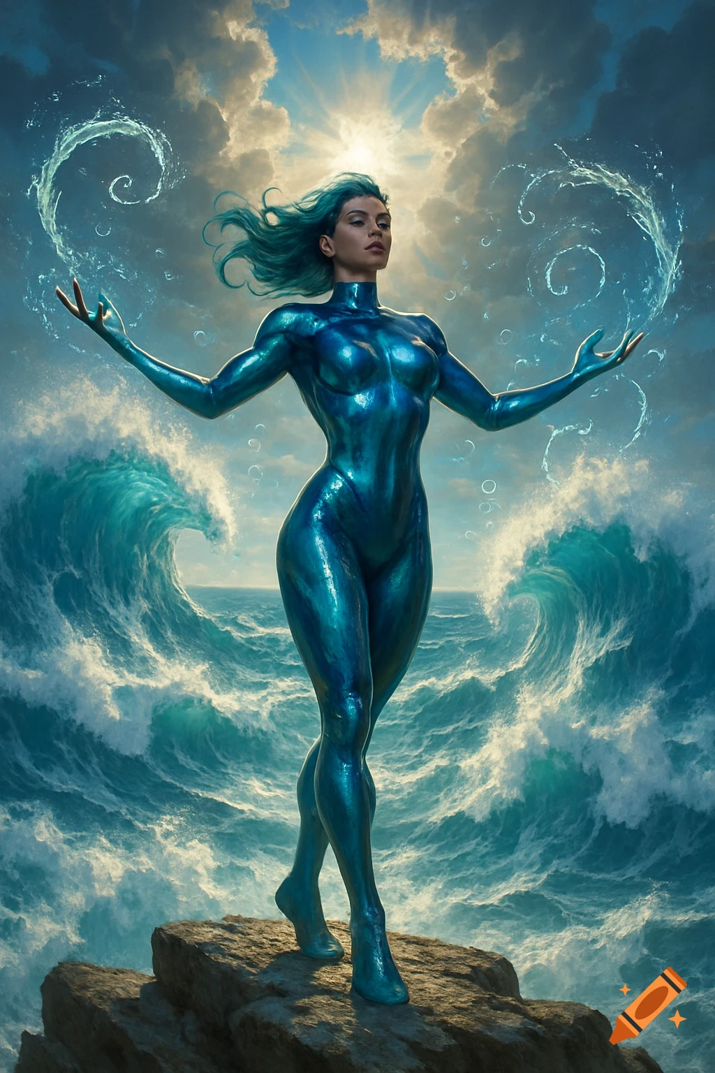 A female superhero in a shimmering blue suit stands on a rock in a stormy ocean, conjuring water with her hands.