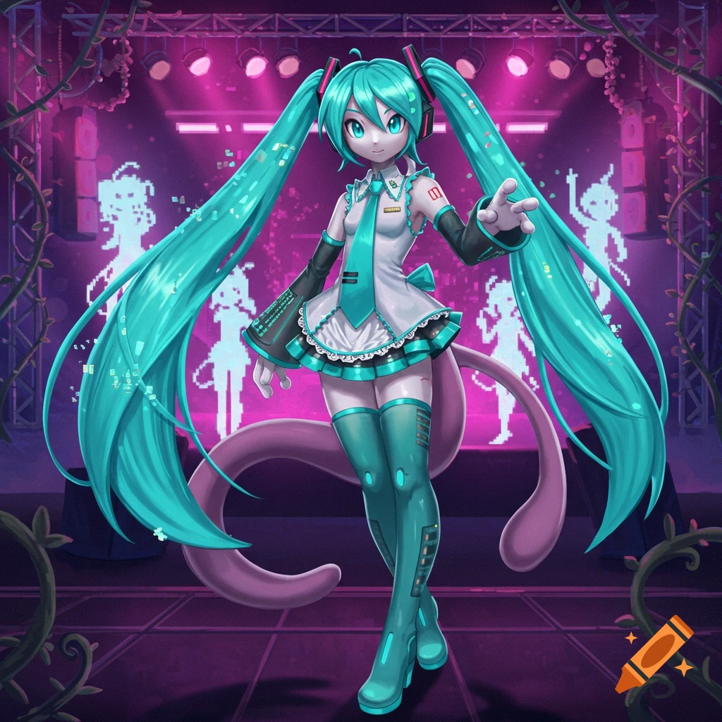 A vibrant anime illustration of Mewtwo cosplaying as Hatsune Miku on a neon-lit stage, surrounded by glowing pixel art figures and vines.