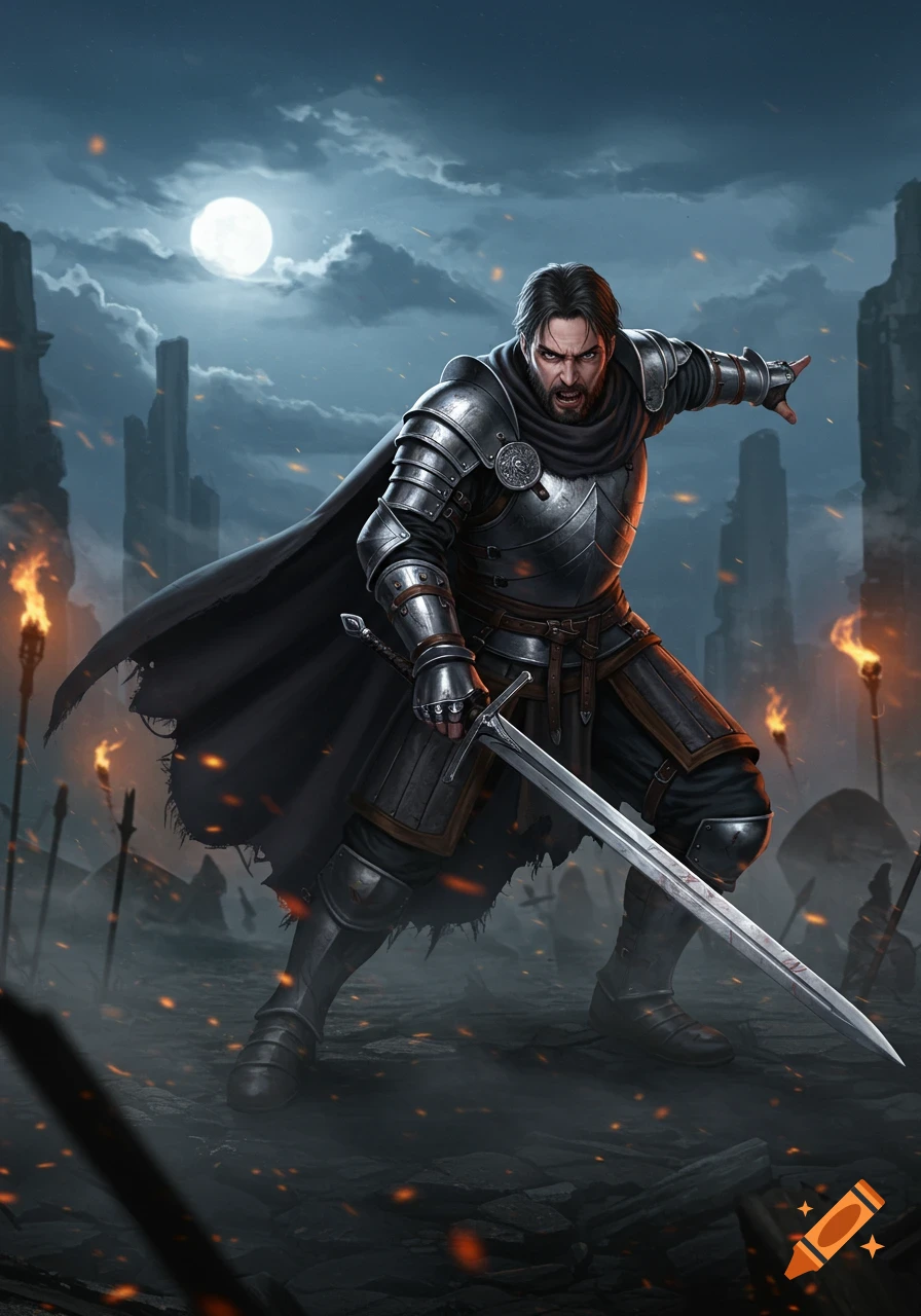 A fierce male swordsman in armor wields a sword in a dark, ruined fantasy landscape under a full moon.