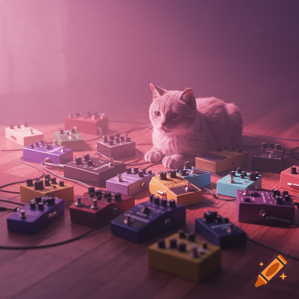 A photorealistic cat lies on a wooden floor surrounded by colorful guitar pedals, softly lit with warm pink and purple haze.